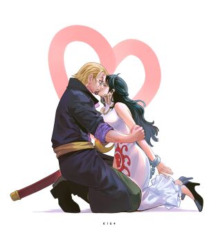Rule 34 | 1boy, 1girl, artist name, beard, black boots, black hair, blonde hair, boots, commentary, cuffs, dress, earrings, english commentary, facial hair, handcuffs, heart, high heels, highres, japanese clothes, jewelry, k164, kimono, kiss, kuja pirates jolly roger, necklace, one piece, sash, shakuyaku (one piece), silvers rayleigh, sleeveless, sleeveless dress, snake earrings, v-shaped eyebrows, white dress, yellow sash