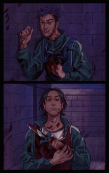 2boys absurdres against_wall black_eyes black_hair blood blood_on_clothes blood_on_face blood_on_hands blue_vest clenched_teeth commentary english_commentary expressionless glaring green_track_suit hand_on_own_chest highres holding holding_knife knife looking_at_viewer male_focus multiple_boys nam-gyu purple_hair red_vest sadbuttruedog02 shirt short_hair sideburns squid_game teeth thanos_(squid_game) track_suit upper_body vest white_shirt