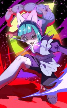 1girl apron black_romper bow braid braided_ponytail breasts brown_eyes dress glowing green_hair highres inana_umi lebanne_(pokemon) long_hair long_sleeves looking_at_viewer maid maid_apron maid_headdress medium_breasts mega_evolution_symbol mega_stone nintendo open_mouth pokemon pokemon_legends:_z-a puffy_sleeves romper smile solo teeth thighhighs upper_teeth_only white_bow white_thighhighs