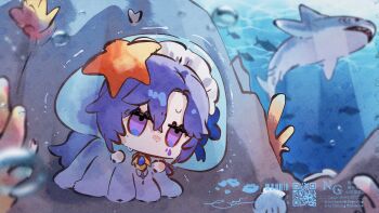Rule 34 | 1girl, cantarella (wuthering waves), chibi, chibi only, cloak, commentary request, facial mark, hair between eyes, headdress, hiding, highres, jellyfish costume, long hair, lt26, mole, mole under eye, purple cloak, purple eyes, purple hair, shark, solo, starfish, tacet mark (wuthering waves), trembling, underwater, wuthering waves