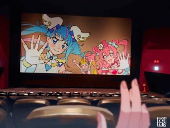 &gt;_&lt; 1other 3girls :d aoi_tete arms_up artist_logo blonde_hair blue_hair blurry blurry_background blurry_foreground blush_stickers bow brooch commentary cone_hair_bun cure_precious cure_sky cure_summer cut_bangs delicious_party_precure depth_of_field double_bun dress earrings elbow_gloves fingerless_gloves flower fourth_wall frilled_hairband frills gloves gradient_hair hair_bow hair_bun hair_flower hair_ornament hairband heart heart_brooch hibiscus highres hirogaru_sky!_precure indoors jewelry logo magical_girl movie_theater multicolored_hair multiple_girls nagomi_yui natsuumi_manatsu off-shoulder_dress off_shoulder open_mouth pink_hair pink_sailor_collar precure precure_all_stars precure_all_stars_f purple_eyes sailor_collar shell_brooch shirt side_ponytail single_sidelock sleeveless sleeveless_dress smile sora_harewataru streaked_hair tropical-rouge!_precure two-tone_hair two_side_up waving white_dress white_gloves white_shirt wing_brooch wing_hair_ornament