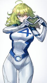 Rule 34 | 1girl, absurdres, blue bodysuit, blush, bodysuit, boku no hero academia, breasts, cosplay, fantastic four, female focus, gloves, green eyes, green hair, hagakure toru, highres, marvel, marvel rivals, medium breasts, medium hair, multicolored bodysuit, one eye closed, ratatatat74, solo, sue storm, sue storm (cosplay), superhero costume, two-tone bodysuit, white bodysuit