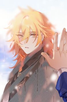 Rule 34 | 2boys, black jacket, black shirt, blonde hair, braid, chinese commentary, commentary request, different reflection, facial tattoo, gradient hair, honkai: star rail, honkai (series), jacket, male focus, medium hair, multicolored hair, multiple boys, mydei (honkai: star rail), official alternate costume, phainon (honkai: star rail), phainon (luckin coffee) (honkai: star rail), pov, pov hands, red hair, red tattoo, reflection, shirt, side braid, solo focus, tattoo, xinjinjumin756123250078, yellow eyes