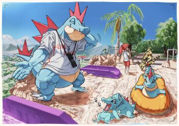 1boy 6+others alternate_costume border cityscape claws croconaw electabuzz elekid feraligatr gen_1_pokemon gen_2_pokemon guard_rail highres how_long lifeguard looking_at_another monocular mountainous_horizon multiple_others nintendo outdoors pants pointing pointing_at_another pokemon ponytail pushing red_eyes red_hair red_pants rural scratching_head sharp_teeth shirt silver_(pokemon) standing tail teeth thinking tiger_stripes totodile tree water water_slide whistle whistle_around_neck white_border white_shirt