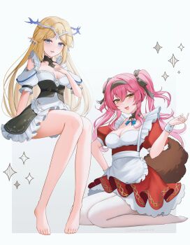 2girls absurdres alternate_costume apron bad_id bad_twitter_id black_bow black_dress black_hairband blonde_hair blue_eyes blush bow breasts cartethyia_(wuthering_waves) cleavage commentary crown_of_thorns dress earrings enmaided grey_background hair_between_eyes hair_bow hairband hand_on_own_chest hand_up highres invisible_chair jewelry long_hair looking_at_viewer lupa_(wuthering_waves) maid medium_breasts multiple_earrings multiple_girls multiple_hair_bows open_mouth parted_bangs pink_hair pointy_ears red_dress red_pupils sidelocks sinonomemikann sitting smile tacet_mark_(wuthering_waves) tail twintails twitter_username very_long_hair wariza wolf_tail wuthering_waves yellow_eyes