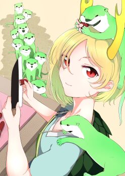 1girl absurdres animal animal_on_head animal_on_shoulder apron blonde_hair breasts dragon_horns eating food highres horns kaisenpurin kicchou_yachie kitchen_knife knife looking_at_viewer on_head otter_spirit_(touhou) queue red_eyes sausage scales short_hair short_sleeves small_breasts smile touhou turtle_shell whiskers