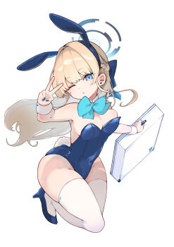 1girl absurdres animal_ears aqua_bow aqua_bowtie bare_shoulders blonde_hair blue_archive blue_eyes blue_hairband blue_halo blue_leotard bow bowtie breasts briefcase cleavage covered_navel detached_collar earrings fake_animal_ears fake_tail full_body hairband halo high_heels highleg highleg_leotard highres holding holding_briefcase jewelry koyuuuuuuuuuuu leotard long_hair looking_at_viewer medium_breasts official_alternate_costume one_eye_closed parted_lips playboy_bunny rabbit_ears rabbit_tail simple_background solo strapless strapless_leotard tail thighhighs toki_(blue_archive) toki_(bunny)_(blue_archive) v white_background white_thighhighs white_wrist_cuffs wrist_cuffs
