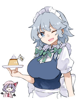 Rule 34 | 2girls, apron, ascot, back bow, bat wings, blue eyes, bow, bowtie, braid, character print, collared shirt, commentary, deetamu, flandre scarlet, food, green bow, green bowtie, grey hair, hair bow, hat, hat ribbon, highres, holding, holding plate, izayoi sakuya, long hair, maid, maid headdress, mob cap, multiple girls, name connection, object namesake, one eye closed, open mouth, pink hat, pink shirt, plate, pointy ears, pudding, puffy short sleeves, puffy sleeves, purple hair, red ascot, remilia scarlet, ribbon, shirt, short sleeves, simple background, smile, touhou, twin braids, waist apron, white background, white bow, white shirt, wings