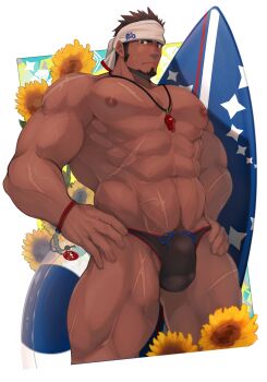 Rule 34 | 1boy, abs, absurdres, bara, black male swimwear, bulge, check copyright, copyright request, covered penis, cropped torso, crow (siranui), dark-skinned male, dark skin, facial hair, floral background, flower, goatee, hands on own hips, headband, highres, large pectorals, lifeguard, long sideburns, looking at viewer, male focus, male pubic hair, male swimwear, mature male, muscular, muscular legs, muscular male, navel, navel hair, nipples, original, pectorals, pubic hair, pubic hair peek, scar, scar on arm, scar on chest, scar on leg, short hair, sideburns, solo, stomach, sunflower, surfboard, swim briefs, thighs, topless male, whistle, whistle around neck