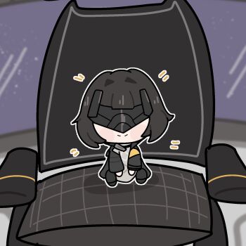 1girl arknights arknights:_endfield black_coat black_hair blush chair chibi closed_mouth coat commentary diamond_(shape) endministrator_(arknights) english_commentary eye_mask female_endministrator_(arknights) full_body grey_sweater highres hood hooded_coat long_sleeves mask mini_person minigirl nepnepping on_chair open_clothes shadow short_hair sitting smile solo sweater