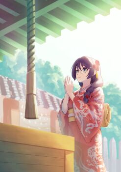1girl absurdres bakemonogatari blue_eyes braid closed_mouth commentary_request flower glasses hair_flower hair_ornament hairclip hanekawa_tsubasa highres japanese_clothes kimono long_hair monogatari_(series) oretekiya outdoors purple_hair red_kimono smile solo standing