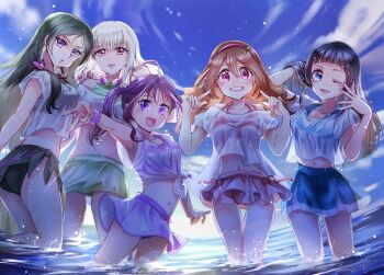 Rule 34 | 5girls, aokaze nana, armpits, bare shoulders, bikini, bikini skirt, black bikini, black hair, blonde hair, blue bikini, blue eyes, blush, breasts, brown hair, closed mouth, collarbone, commentary request, diamond-shaped pupils, diamond (shape), fingernails, kimi to idol precure, long hair, looking at viewer, manekineko5319, medium breasts, multiple girls, nail polish, navel, open mouth, orange eyes, outdoors, pink bikini, pink eyes, pink nails, precure, purple bikini, purple eyes, purple hair, sakura uta (precure), see-through clothes, see-through shirt, shigure kokoro, shirt, side-tie bikini bottom, smile, stomach, swimsuit, symbol-shaped pupils, tanaka meron, tanaka purin, wet, white shirt