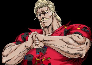 Rule 34 | 1boy, artist request, black background, blonde hair, commentary request, facial hair, fist in hand, genderswap, genderswap (ftm), hara tetsuo (style), hololive, mukirose, muscular, muscular male, mustache, purple eyes, red shirt, rosen-tai, second-party source, shirt, simple background, solo, virtual youtuber