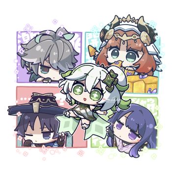 2boys 3girls alhaitham_(genshin_impact) antenna_hair aqua_eyes arikuigames1105 arm_up armor averting_eyes black_bodysuit black_bridal_gauntlets black_eyes black_horns black_shrug bloomers blue_cape blue_hat blunt_bangs blunt_ends bodysuit breasts bridal_gauntlets bright_pupils cape cape_tug circlet cleavage closed_mouth colored_inner_hair cross-shaped_pupils crossed_bangs detached_sleeves dress eating eyelashes fake_horns food frown genshin_impact gold gold_circlet gold_trim green_cape green_eyes green_hair green_sleeves grey_hair hair_between_eyes hair_ornament hair_over_one_eye hat headphones highres holding holding_food horns japanese_armor japanese_clothes jingasa jitome kimono kote large_breasts leaf leaf_hair_ornament light_blush long_hair looking_at_another looking_at_viewer looking_to_the_side mole mole_under_eye multicolored_hair multiple_boys multiple_girls nahida_(genshin_impact) nilou_(genshin_impact) one_eye_closed open_mouth outstretched_arms parted_bangs pink_kimono pointy_ears purple_eyes purple_hair raiden_shogun raised_eyebrow red_hair scaramouche_(genshin_impact) shrug_(clothing) side_ponytail sidelocks socks streaked_hair swept_bangs symbol-shaped_pupils tahchin tareme toeless_socks twitter_username underwear v-shaped_eyebrows veil wanderer_(genshin_impact) watermark white_background white_bloomers white_dress white_hair white_pupils white_socks white_veil wispy_bangs