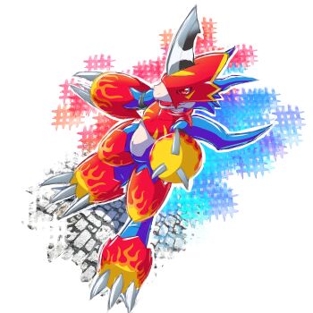 absurdres armor digimon digimon_(creature) dragon fladramon full_body helmet highres horns red_armor red_eyes red_helmet simple_background single_horn smirk standing white_background youwantstars