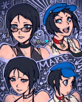 1girl artist_name bare_shoulders black_hair blue_eyes blue_hat commentary earrings english_commentary glasses hat hatidraw jewelry looking_at_viewer marie_(persona_4) multiple_views open_mouth persona persona_4 persona_4_revival persona_4_the_golden short_hair smile solo