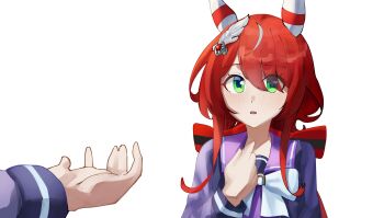 Rule 34 | 2girls, absurdres, animal ears, blush, green eyes, highres, horse ears, looking at another, making-of available, multiple girls, neeevirus, orfevre (umamusume), out of frame, outstretched hand, red hair, red ribbon, ribbon, school uniform, serafuku, tracen school uniform, umamusume, upper body, white background, win variation (umamusume)