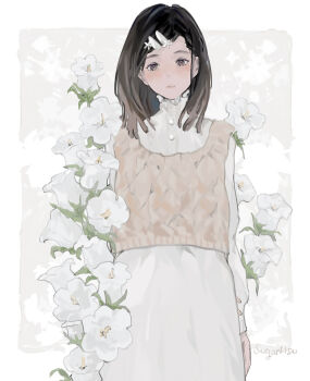 1girl arm_behind_back artist_name black_hair buttons closed_mouth cowboy_shot dress flower hair_ornament hairclip high_collar highres long_sleeves looking_at_viewer medium_hair original signature straight-on sugarlisu sweater_vest white_dress white_flower