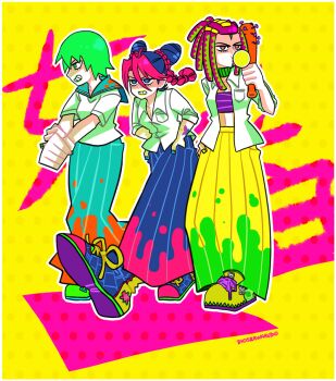 3girls artist_name baseball_bat blowing_bubble_gum blowing_bubbles blue_eyes blue_hair braid brown_eyes chest_sarashi chewing_gum clenched_hands delinquent double_bun dreadlocks ermes_costello foo_fighters_(jojo) green_eyes green_hair green_nails grin hair_bun jojo_no_kimyou_na_bouken kuujou_jolyne laura_maria long_skirt midriff multicolored_hair multiple_girls nail_(hardware) nail_bat nail_polish open_clothes open_shirt pink_hair pleated_skirt purple_hair sarashi school_uniform serafuku single_braid skirt smile stone_ocean strapless sukeban tattoo two-tone_hair