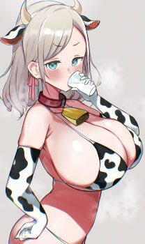 1girl absurdres alternate_costume animal_ear_hairband animal_ears animal_print bell bikini blue_eyes breasts ceras_yanagida_lilienfeld chromatic_aberration cleavage commentary_request cow_ear_hairband cow_ears cow_print cow_print_bikini cow_print_gloves cowbell cowboy_shot cup drinking drinking_glass fake_animal_ears fake_horns gloves grey_background grey_hair hairband highres holding holding_cup horn_hairband horns huge_breasts link!_like!_love_live! looking_at_viewer love_live! milk neck_bell print_bikini print_gloves simple_background skindentation solo string_bikini swimsuit syoma_(1026syoma) virtual_youtuber