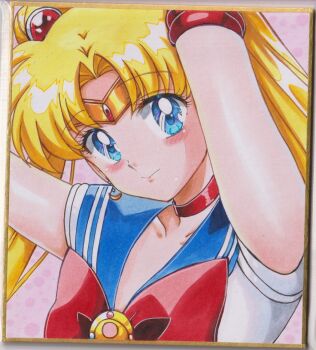 1girl bishoujo_senshi_sailor_moon blonde_hair blue_eyes blue_sailor_collar blue_skirt bow breasts chikoto_(kztc4472) choker collarbone commentary double_bun earrings elbow_gloves gloves hair_bun hair_ornament highres jewelry long_hair looking_at_viewer magical_girl open_mouth red_bow red_choker sailor_collar sailor_moon sailor_senshi_uniform skirt smile solo traditional_media tsukino_usagi twintails white_gloves