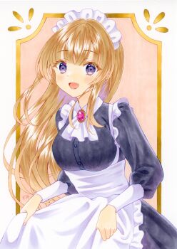 1girl apron ascot black_dress blonde_hair border breasts brooch collared_dress commentary_request cowboy_shot double-parted_bangs dress frills gem highres jewelry large_breasts light_blush long_hair long_sleeves looking_at_viewer maid maid_apron maid_headdress marker_(medium) open_mouth original ornate_border osumi_izumi outside_border pink_background pink_gemstone purple_eyes smile solo standing traditional_media white_apron white_ascot yellow_border