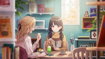 2girls black_hair book braid chair cup drinking_glass drinking_straw flower food fukumaru_koito game_cg highres holding ichikawa_hinana idolmaster idolmaster_shiny_colors idolmaster_shiny_colors_song_for_prism leaf low_twintails multiple_girls official_art open_book open_mouth profile red_eyes spoon table twintails vase window wine_glass