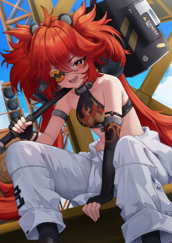 1girl absurdres ahoge animal_ears bare_shoulders bear_ears black_gloves breasts commentary crop_top english_commentary eyepatch fake_animal_ears fingerless_gloves gloves hair_between_eyes hair_ornament highres holding koleda_belobog long_hair looking_at_viewer midriff navel pants red_eyes red_hair small_chair_(xiaosaiyi33818) solo sphere_hair_ornament twintails zenless_zone_zero