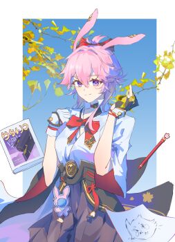 1girl absurdres animal_ears asymmetrical_gloves book closed_mouth commentary drawing_(object) evanescia_(honkai:_star_rail) eyelashes gloves hair_intakes hair_ribbon highres honkai:_star_rail honkai_(series) leaf mismatched_gloves oxygen6111 paper pink_hair purple_eyes rabbit_ears rabbit_girl red_pupils red_ribbon ribbon short_hair smile solo split_mouth untranslatable_commentary