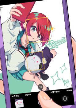 1girl absurdres amate_yuzuriha aqua_eyes aqua_shirt aqua_skirt beanie blush breasts cellphone collared_shirt commentary copyright_name gundam gundam_gquuuuuux haro hat highres holding holding_phone lag_(wo76_a) long_sleeves looking_at_viewer necktie open_mouth phone purple_hat red_hair school_uniform screen shirt short_hair skirt smartphone sweater taking_picture