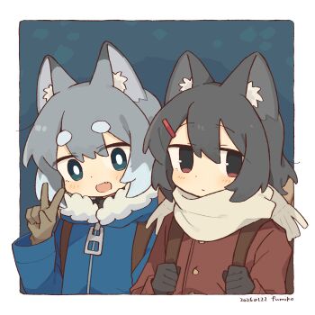 2girls :d absurdres animal_ear_fluff animal_ears backpack bag black_hair blue_background blue_coat blue_eyes blush border bright_pupils cat_ears cat_girl closed_mouth coat commentary_request dated dot_nose double-parted_bangs fang fumiko_(rubra_plumeria) fur-trimmed_hood fur_trim grey_hair hair_between_eyes hair_ornament hairclip hand_up highres holding_strap hood hood_down hooded_coat long_sleeves looking_at_viewer multicolored_hair multiple_girls open_mouth original outside_border portrait red_coat red_eyes scarf short_hair signature smile thick_eyebrows two-tone_hair v white_border white_hair white_pupils white_scarf zipper