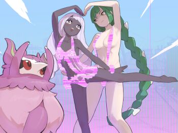 2girls barefoot braid breasts character_request closed_mouth commentary commentary_request dark-skinned_female dark_skin english_commentary green_hair jacinthe_(pokemon) lebanne_(pokemon) long_hair medium_breasts miyako_(naotsugu) multiple_girls nintendo open_mouth pokemon pokemon_(creature) small_breasts soles standing standing_on_one_leg teeth toes upper_teeth_only very_long_hair white_hair yellow_eyes