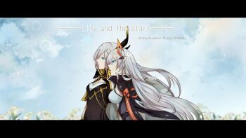 Rule 34 | 2girls, ahoge, black dress, blue eyes, blue sky, breasts, cecilia schariac, character name, cleavage, cloud, cloudy sky, commentary request, dress, english text, flower, hair ornament, happy birthday, highres, honkai (series), honkai impact 3rd, kiana kaslana, kiana kaslana (void drifter), large breasts, long hair, mother and daughter, multiple girls, nirvana (242644), outdoors, sky, very long hair, white flower, white hair