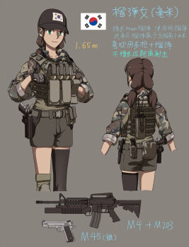 1girl ammunition_pouch assault_rifle asymmetrical_legwear baseball_cap belt belt_pouch brown_sweater bulletproof_vest camouflage camouflage_jacket closed_mouth collarbone combat_helmet commentary_request cropped_arms cropped_legs etmc1992 explosive fast_helmet first_aid_kit flag_patch from_behind gloves green_background green_eyes green_gloves green_hair green_hat green_shorts green_thighhighs grenade grenade_launcher gun hat helmet highres holster jacket knee_pads knife knife_sheath light_smile long_sleeves low_twintails m203 m45_meusoc m4_carbine magazine_(weapon) medium_hair military military_operator multiple_views original pouch reference_sheet rifle sheath shorts simple_background single_knee_pad single_thighhigh sleeves_rolled_up solo south_korean_flag standing sweater thigh_holster thighhighs translation_request twintails underbarrel_grenade_launcher walkie-talkie weapon