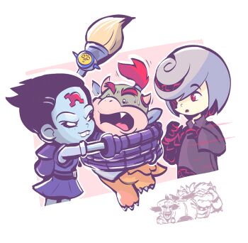 2girls 4boys :o blue_skin bowser bowser_jr. child colored_skin crash_bandicoot_(series) crossover dr._eggman facial_hair fangs forehead grey_hair hair_over_one_eye kevin_fagaragan mario_(series) multiple_boys multiple_crossover multiple_girls mustache neo_cortex nina_cortex nintendo open_mouth red_eyes restrained sage_(sonic) smile sonic_(series) sonic_frontiers sweatdrop teeth trait_connection