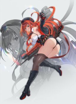 1girl absurdres arm_up armpits ass bandeau bare_shoulders belt_pouch beret black_boots black_choker black_gloves black_hat black_jacket black_panties black_skirt black_thighhighs boots breasts choker cleavage closed_mouth commentary_request detached_collar full_body gloves goddess_of_victory:_nikke gun hair_between_eyes hat high-waist_skirt high_heel_boots high_heels highres holding holding_gun holding_weapon jacket knee_boots large_breasts lens_flare long_hair long_sleeves looking_at_viewer machine_gun maya_(m4yatic) necktie off_shoulder official_alternate_hair_color open_clothes open_jacket panties pouch rapi_(nikke) rapi_(red_hood)_(nikke) red_eyes red_gloves red_hair red_necktie sidelocks signature skirt solo swept_bangs thighhighs twisted_torso two-tone_gloves underwear very_long_hair weapon white_bandeau zoom_layer