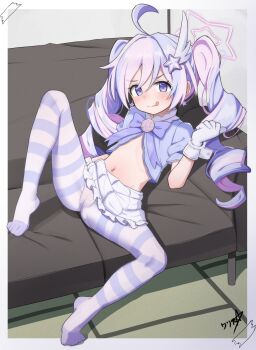 1girl absurdres blue_archive boppin gloves hair_ornament halo highres loli multicolored_hair navel no_shoes pantyhose reisa_(blue_archive) reisa_(magical)_(blue_archive) skirt solo star_(symbol) star_hair_ornament striped_clothes tongue tongue_out twintails white_gloves