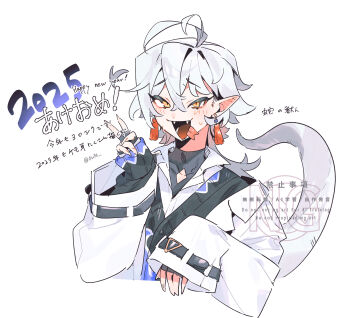 1boy black_gloves black_sweater coat commentary_request earrings fangs fingerless_gloves fingernails forked_tongue gloves highres jewelry long_hair looking_at_viewer male_focus mill_hka original pointy_ears sharp_fingernails simple_background sleeves_past_wrists slit_pupils snake_boy snake_tail solo sweater tail tassel tassel_earrings tongue tongue_out translation_request upper_body white_background white_coat white_hair yellow_eyes