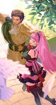 1boy 1girl armor black_hairband boots breasts brown_hair claude_von_riegan claude_von_riegan_(timeskip) commentary_request detached_sleeves earrings facial_hair fire_emblem fire_emblem:_three_houses from_above gloves green_eyes hairband highres hilda_valentine_goneril hilda_valentine_goneril_(timeskip) jewelry large_breasts long_hair nintendo one_eye_closed pauldrons pink_eyes pink_hair sash shoulder_armor single_pauldron stubble thigh_boots thighs twitter_username ushiomi