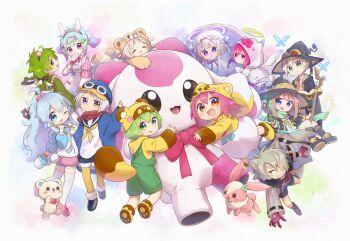 Rule 34 | 4boys, 6+girls, absurdres, animal hat, botan-kun, brown eyes, fox hat, fox tail, green eyes, green hair, hat, highres, huge filesize, multiple boys, multiple girls, nipeira, original, paw shoes, pink hair, raccoon hat, shoes, tail, yuzuwa-chan