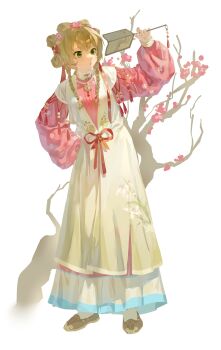 Rule 34 | 1girl, :o, absurdres, blonde hair, braid, branch, chinese clothes, chinese commentary, commentary request, dress, flats, flower, full body, green eyes, hair flower, hair ornament, hand fan, hand on own hip, hand up, hanfu, highres, holding, holding fan, legs apart, long dress, long sleeves, looking at object, low twin braids, official alternate costume, pink hanfu, puffy long sleeves, puffy sleeves, red flower, reverse:1999, shoes, shuangyaji, solo, sotheby, sotheby (the red thread of fate), twin braids, white background, yehua, yellow shoes
