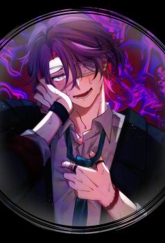1boy abstract_background absurdres blue_necktie colored_inner_hair eyepatch from_inside hair_between_eyes hallucination highres lens_eye loose_necktie medical_eyepatch monitoring_(vocaloid) multicolored_hair necktie nijisanji peephole portrait pov_peephole raeshuto red_hair solo straight-on sweat two-tone_hair watarai_hibari watarai_hibari_(school_uniform) wristband