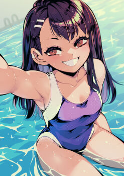 1girl black_hair breasts brown_eyes collarbone commentary english_commentary grin hair_ornament hairclip highres ijiranaide_nagatoro-san lifting_own_clothes long_hair looking_at_viewer nagatoro_hayase one-piece_swimsuit parallel_hairclips parororo sitting small_breasts smile solo swimsuit water wet
