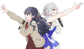 2girls arm_up back-to-back bare_shoulders blue_dress blue_eyes blue_hair blush braid brown_cardigan brown_dress cardigan commentary dress grey_hair hajimari_no_haneoto half_up_braid half_updo hasu_no_sora_school_uniform highres holding holding_microphone link!_like!_love_live! llkapital long_hair long_sleeves love_live! microphone multiple_girls murano_sayaka music neckerchief open_cardigan open_clothes open_mouth outstretched_arm pleated_dress profile red_eyes red_neckerchief red_streaks sailor_collar sailor_dress school_uniform short_hair simple_background singing sleeveless sleeveless_dress symbol-only_commentary tsubasa_la_liberte virtual_youtuber wavy_hair white_background white_sailor_collar yugiri_tsuzuri