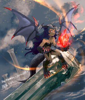 1girl absurdres artist_name black_hair black_scales chinchira claws commentary commission commissioner_name commissioner_upload demon_girl demon_horns demon_wings english_commentary fireball flying highres horns long_hair messy_hair organic_bra original petite red_eyes red_nails refia_(stryker324) skeb_commission snake_tail solo stone_pillar tail tan wings