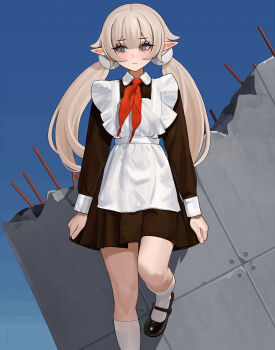 1girl absurdres apron black_dress black_shoes blonde_hair blue_background blush closed_mouth commentary commentary_request dress grey_eyes highres kiriyaukiyoe long_hair low_twintails neckerchief original pointy_ears red_neckerchief school_uniform shoes skirt_hold socks solo soviet_school_uniform twintails white_apron white_socks