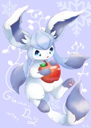 Rule 34 | animal focus, apple, artist request, blue eyes, blue hair, creatures (company), dated, floppy ears, food, fruit, game freak, gen 4 pokemon, glaceon, holding, long hair, nintendo, no humans, pawpads, pokemon, pokemon (creature), smile, snowflakes, solo