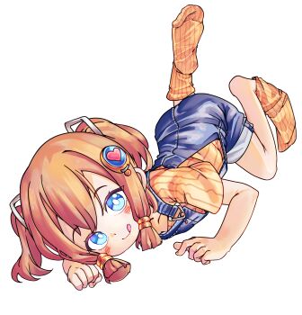 1girl :q blue_eyes blue_overalls blush brown_hair chaosexceed closed_mouth commentary feet hair_ornament highres looking_at_viewer lying no_shoes on_stomach open_mouth orange_shirt orange_socks original overall_shorts overalls paid_reward_available shirt short_sleeves simple_background socks soles solo toes tongue tongue_out twintails white_background