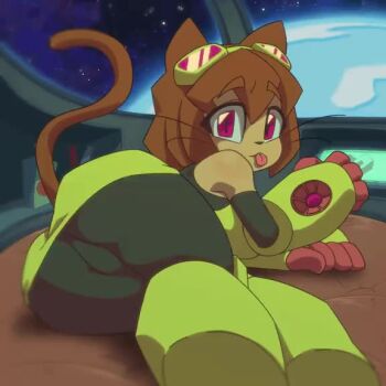 1girl animal_ears animated ass bathing black_bodysuit bodysuit breasts brown_hair cameltoe cat_ears cat_girl cat_tail dark-skinned_female dark_skin furry furry_female gameoverse gauntlets goggles goggles_on_head kit_bodega licking_self looping_animation red_eyes short_hair spacecraft tagme tail twistedgrim video whiskers yellow_gauntlets