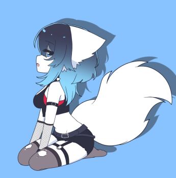 Rule 34 | alternate costume, alternate hairstyle, animal ears, belt, blue background, blue eyes, blue hair, bra, collar, crop top, fishnet gloves, fishnets, gloves, goth fashion, gradient hair, highres, looking at viewer, midriff, multicolored hair, narrowed eyes, no shoes, open mouth, red bra, short shorts, shorts, sitting on knees, spiked collar, spikes, tail, tank top, thigh strap, thighhighs, torn clothes, torn thighhighs, underwear, white fur, wolf ears, wolf girl, wolf tail, wolfychu, wolfychu (artist)